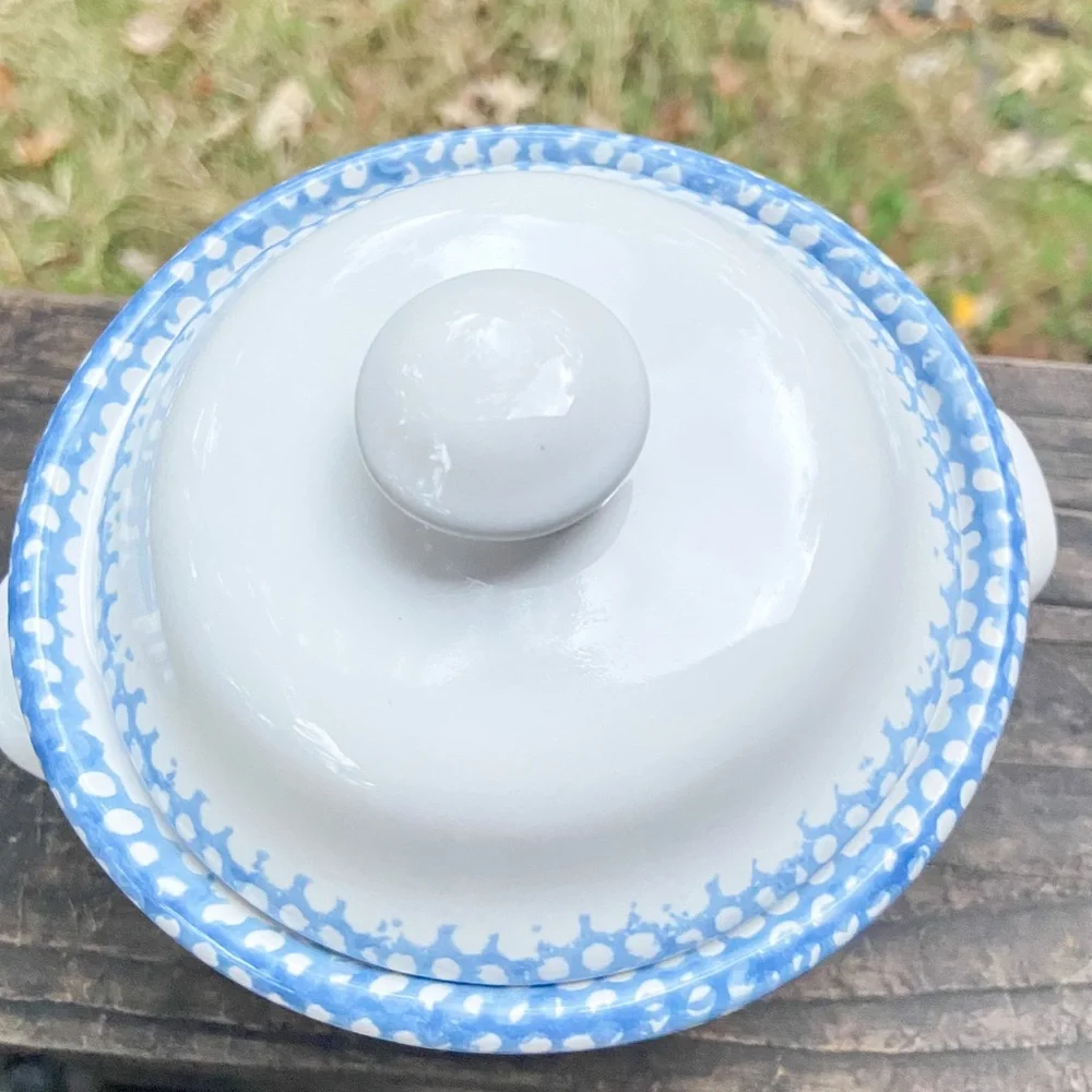 Blue and White Heart Design Ceramic Pot with Lid. Vintage Bowl Candy Dish
